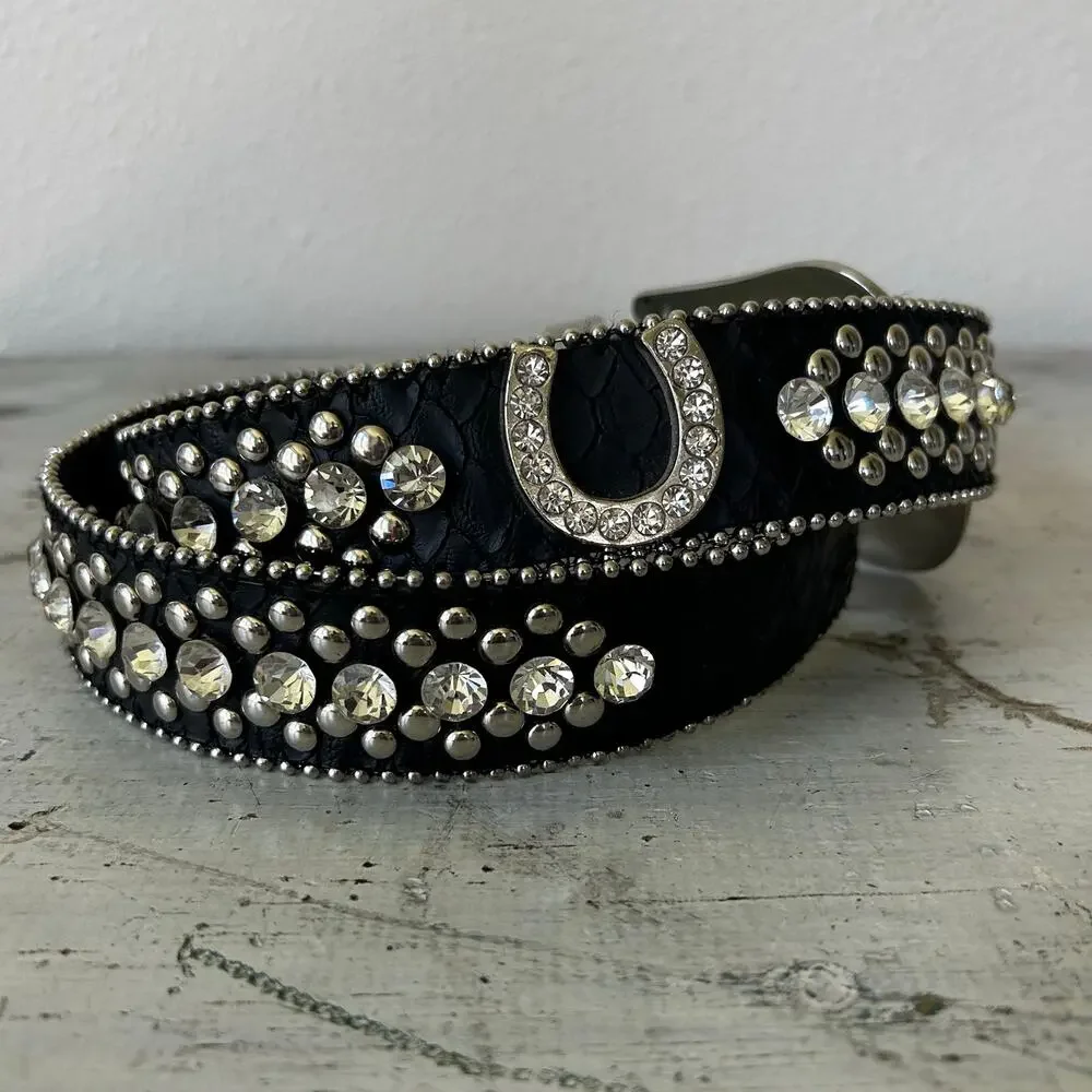 Vintage Rhinestone Studded Leather Bling Western Glam Statement Belt Y2K 34 - 36